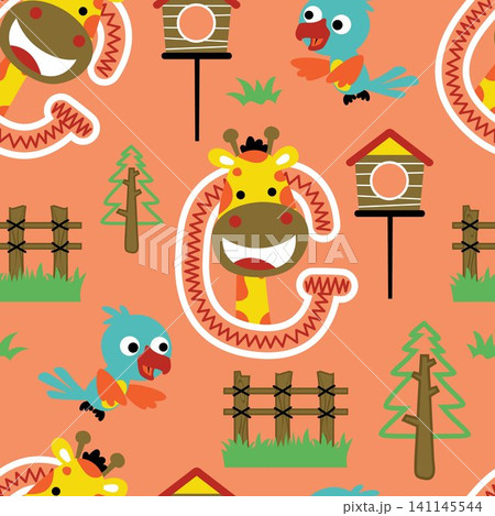 Seamless pattern vector of giraffe and bird cartoon, zoo elements illustration Seamless pattern vector of giraffe and bird cartoon, zoo elements illustration 141145544