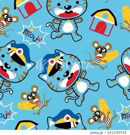 Seamless pattern vector of funny animals cartoon, cat in police costume hunting a mouse in thief costume 141145545