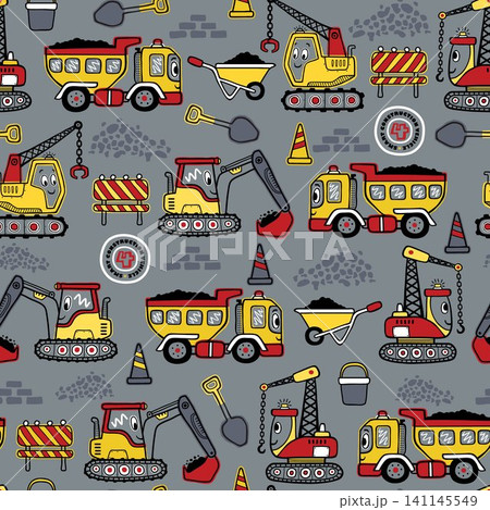 Seamless pattern vector of hand drawn funny construction vehicles cartoon, construction elements illustration Seamless pattern vector of hand drawn funny construction vehicles cartoon, construction elements illustration 141145549