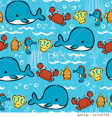 Seamless pattern vector of hand drawn marine animals cartoon, undersea elements illustration 141145550