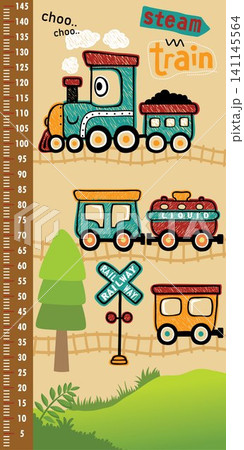 height measurement wall with hand drawn funny steam train cartoon, railway elements cartoon 141145564