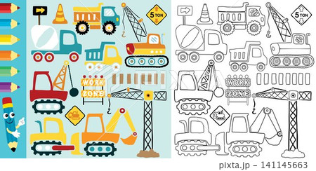Vector set of hand drawn construction vehicles cartoon, construction elements, coloring book or page 141145663