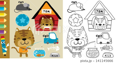 funny cat cartoon with its toys, pet elements vector illustration, coloring book or page funny cat cartoon with its toys, pet elements vector illustration, coloring book or page 141145666