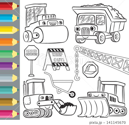 coloring book or page of funny construction vehicles cartoon, construction elements vector illustration coloring book or page of funny construction vehicles cartoon, construction elements vector illustration 141145670