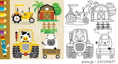 Vector of farm field elements cartoon with funny animals, coloring book or page Vector of farm field elements cartoon with funny animals, coloring book or page 141145677