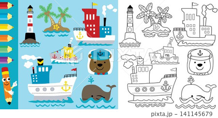 Vector illustration of sailing elements cartoon with funny bear, coloring book or page Vector illustration of sailing elements cartoon with funny bear, coloring book or page 141145679