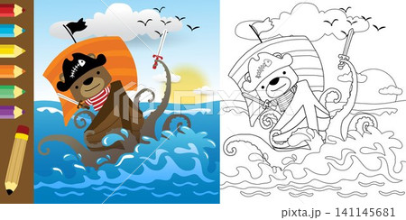 Vector illustration of cute bear in pirate costume on sailboat fighting with monster of sea, coloring book or page Vector illustration of cute bear in pirate costume on sailboat fighting with monster of sea, coloring book or page 141145681