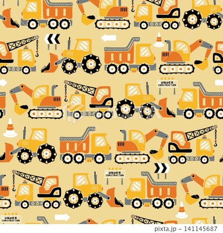 Seamless pattern vector of construction vehicles cartoon, construction elements Seamless pattern vector of construction vehicles cartoon, construction elements 141145687