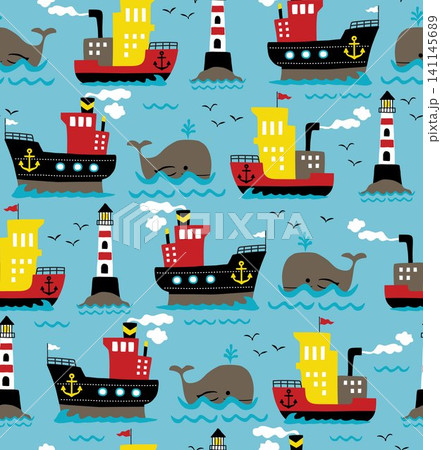 Seamless pattern vector of cargo ships with whale and lighthouse, cruise elements cartoon Seamless pattern vector of cargo ships with whale and lighthouse, cruise elements cartoon 141145689
