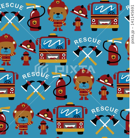Seamless pattern vector of firefighter elements cartoon with funny bear in fireman costume Seamless pattern vector of firefighter elements cartoon with funny bear in fireman costume 141145691