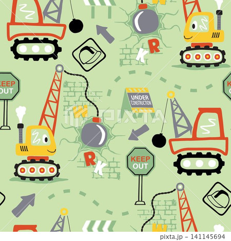 Seamless pattern vector of construction elements cartoon. Wrecking ball crane with construction signs 141145694