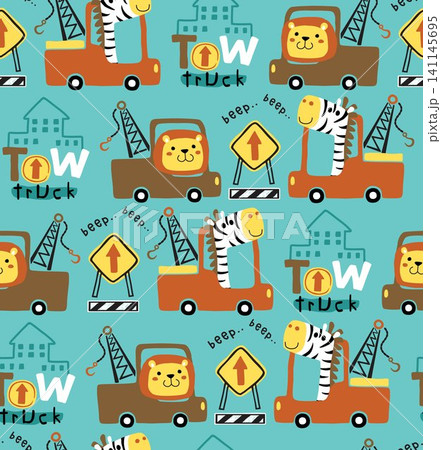 Seamless pattern vector of animals cartoon on tow truck, construction elements cartoon Seamless pattern vector of animals cartoon on tow truck, construction elements cartoon 141145695