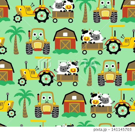 Seamless pattern vector of farm field elements cartoon with funny tractors and farm animals Seamless pattern vector of farm field elements cartoon with funny tractors and farm animals 141145703
