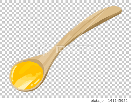A wooden spoon scooped with pumpkin soup. 141145922