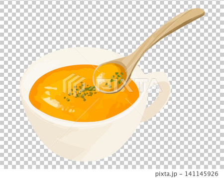 にんじんポタージュとスープを掬っている木製スプーン にんじんポタージュとスープを掬っている木製スプーン 141145926
