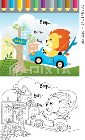 Vector cartoon of lion driving car in little town, coloring book or page 141146531