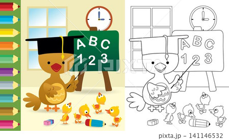 Vector cartoon of funny chicken wearing graduation cap with duck cub in classroom, coloring book or page 141146532