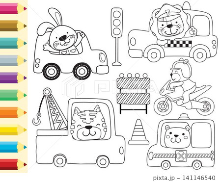 Vector set of cute animals cartoon driving vehicle, traffic elements cartoon, coloring book or page 141146540