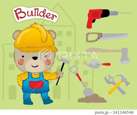 Vector cartoon of bear in builder costume with builder tools Vector cartoon of bear in builder costume with builder tools 141146546