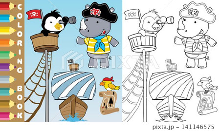 Vector cartoon of pirate elements with rhino in pirate costume, penguin with binocular, parrot with map, coloring page or book 141146575