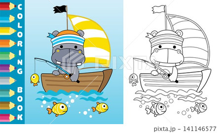 Vector cartoon of cute hippo wearing sailor cap fishing on sailboat, coloring page or book Vector cartoon of cute hippo wearing sailor cap fishing on sailboat, coloring page or book 141146577