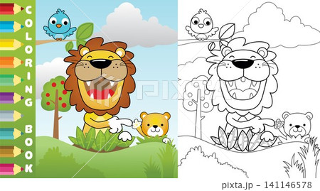 Vector illustration of cartoon lion with it cub, little bird on tree branches, coloring page or book Vector illustration of cartoon lion with it cub, little bird on tree branches, coloring page or book 141146578