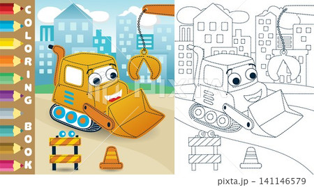Vector cartoon of funny bulldozer on buildings background, construction elements, coloring page or book Vector cartoon of funny bulldozer on buildings background, construction elements, coloring page or book 141146579