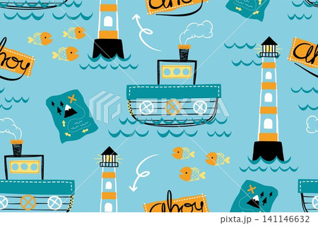 vector seamless pattern of sailing elements cartoon in hand drawn style vector seamless pattern of sailing elements cartoon in hand drawn style 141146632