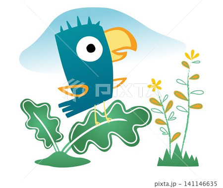 cartoon vector of hand drawn little bird perch on leaf 141146635