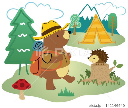 Vector cartoon of camping in the forest with funny bear and hedgehog, camping elements illustration Vector cartoon of camping in the forest with funny bear and hedgehog, camping elements illustration 141146640