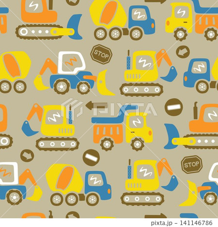 Seamless pattern vector of construction vehicles cartoon, construction elements illustration Seamless pattern vector of construction vehicles cartoon, construction elements illustration 141146786