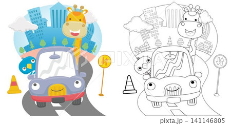 Vector cartoon of giraffe and bird on funny car in city road, coloring book or page Vector cartoon of giraffe and bird on funny car in city road, coloring book or page 141146805