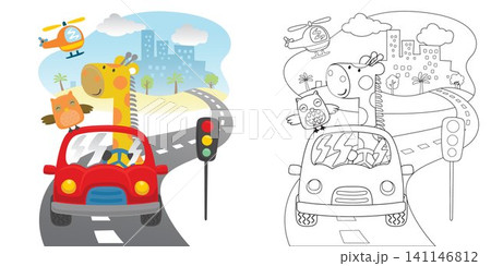 Vector cartoon of funny giraffe with owl on car in city road, urban transport elements, coloring book or page Vector cartoon of funny giraffe with owl on car in city road, urban transport elements, coloring book or page 141146812