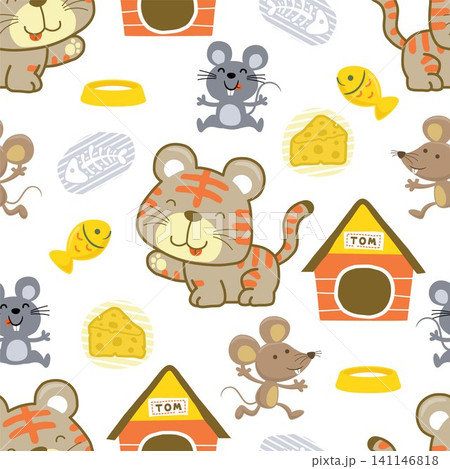 Seamless pattern of funny cat cartoon with mouse and fish. Pet elements cartoon Seamless pattern of funny cat cartoon with mouse and fish. Pet elements cartoon 141146818
