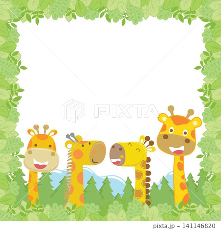 Vector illustration, group of funny giraffe cartoon on leaves frame border 141146820