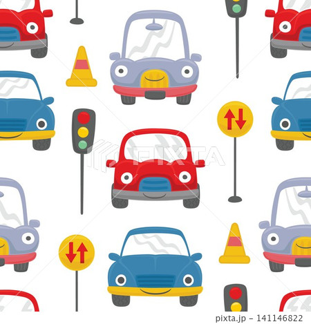 Seamless pattern of funny cars cartoon with traffic signs Seamless pattern of funny cars cartoon with traffic signs 141146822