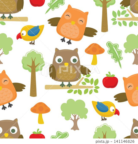 Seamless pattern vector of funny birds cartoon with tree, leaf, mushroom and fruit 141146826
