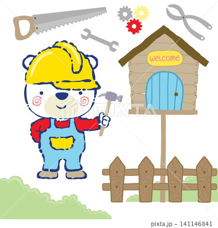 Vector cartoon of funny bear with builder tools, build birds cage Vector cartoon of funny bear with builder tools, build birds cage 141146841