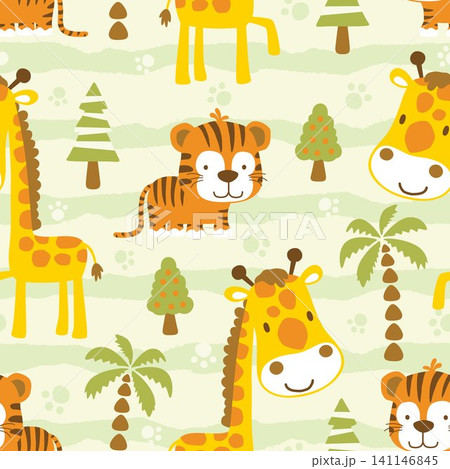 Seamless pattern vector of animals cartoon and trees, giraffe and tiger on animals trail background Seamless pattern vector of animals cartoon and trees, giraffe and tiger on animals trail background 141146845