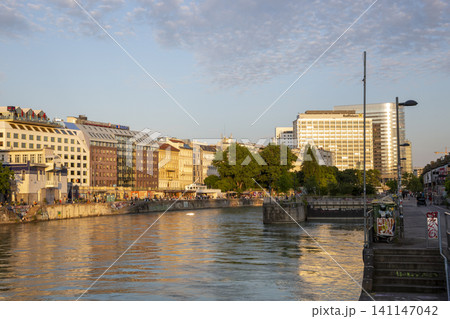 Vienna, Austria - June 13, 2023: Embankment the Danube Canal in Vienna Vienna, Austria - June 13, 2023: Embankment the Danube Canal in Vienna 141147042