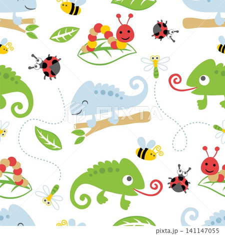 Seamless pattern vector of chameleon cartoon with bugs and leaves 141147055