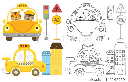 Vector set of cartoon city traffic element with cute bear and tiger on taxi, coloring book or page 141147059