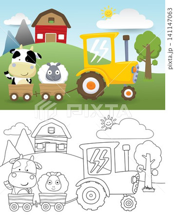 Vector illustration of farm animals cartoon on cart pulling by tractor, farm field elements cartoon, coloring book or page 141147063
