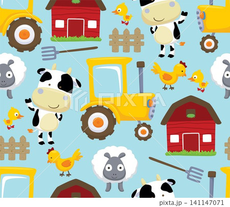 Seamless pattern vector of farm animals with farming elements cartoon 141147071