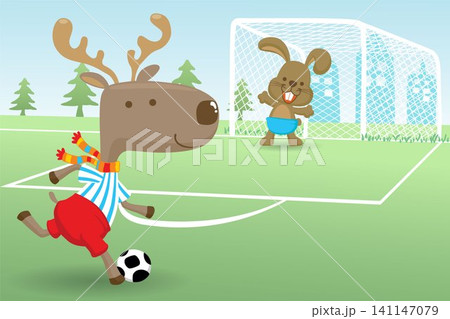 Vector illustration of cartoon deer with rabbit playing soccer in soccer field 141147079