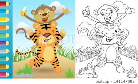 Vector cartoon of tiger carrying monkey on it shoulders, coloring book or page Vector cartoon of tiger carrying monkey on it shoulders, coloring book or page 141147098
