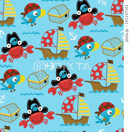 Vector seamless pattern of sailing pirate elements cartoon with funny parrot and crab in pirates cap Vector seamless pattern of sailing pirate elements cartoon with funny parrot and crab in pirates cap 141147101