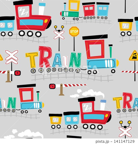 Seamless pattern vector of steam train cartoon with railway signs Seamless pattern vector of steam train cartoon with railway signs 141147129