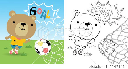 Vector cartoon of funny bear playing soccer, coloring book or page for kids Vector cartoon of funny bear playing soccer, coloring book or page for kids 141147141