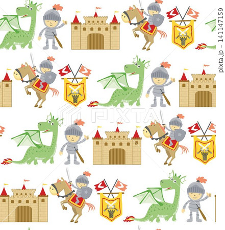 Seamless pattern vector of fairy tale elements cartoon with dragon, knight, horse and castle Seamless pattern vector of fairy tale elements cartoon with dragon, knight, horse and castle 141147159
